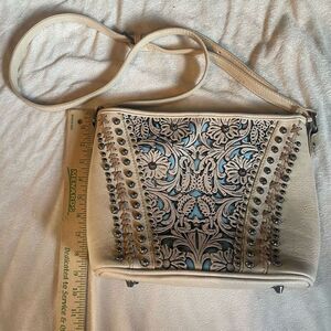 Trinity Ranch women’s handbag cream/blue tooled leather crossbody over shoulder